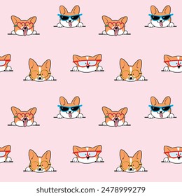 Patrón sin fisuras con diseño de cabeza de perro Corgi de dibujos animados sobre fondo rosa