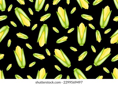 Seamless pattern with Cartoon Corn on black background. Popcorn Slice endless ornament. Vector illustration. Summer Vegetables backdrop. Wallpaper and bed linen print. Kitchen apron design.