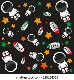  seamless pattern with cartoon cosmonauts and spaceships