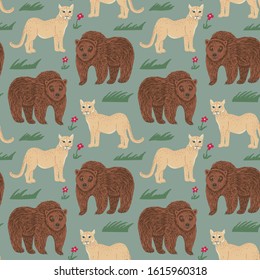 Seamless pattern of cartoon cougar and grizzly bear. Repeatable textile vector print, wallpaper design.
