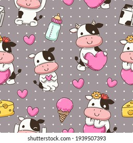 seamless pattern with cartoon cow character,  isolated cute funny cow background poster Collection, cartoon characters in kids concept, flat Colorful vector illustration