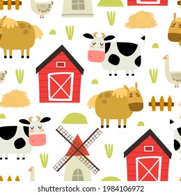 Seamless pattern with cartoon cow, goose, horse, barn, mill, decor elements. Farm. Flat colorful vector for kids. hand drawing. animals. baby design for fabric, textile, wrapper, print.