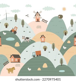 Seamless pattern with cartoon cow, horse, goose, mill, house, decor elements. Farm. Flat colorful vector for kids. hand drawing. animals. baby design for fabric, textile, wrapper, print.