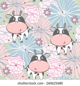Seamless pattern with cartoon cow in light colors.