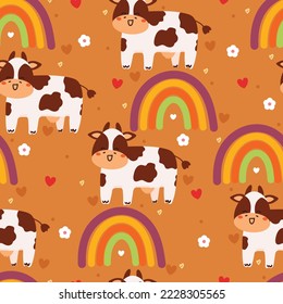 seamless pattern cartoon cow and rainbow. cute animal wallpaper for textile, gift wrap paper