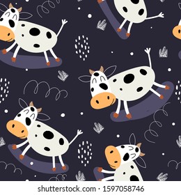 Seamless Pattern With Cartoon Cows, Decor Elements On A Neutral Background. Flat Colorful Vector For Kids. Hand Drawing. Animals. Baby Design For Fabric, Textile, Wrapper, Print.