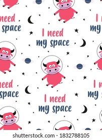 seamless pattern with cartoon cows, decor elements on neutral background, flat vector illustration for kids, scandinavian style, baby print with cute space bulls for any design
