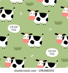 Seamless pattern with cartoon cows, decor elements. Flat colorful vector for kids. hand drawing. animals. baby design for fabric, textile, wrapper, print.