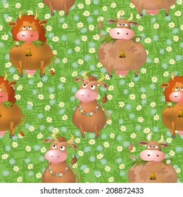 Seamless pattern, cartoon cows on a green summer flowering meadow. Vector