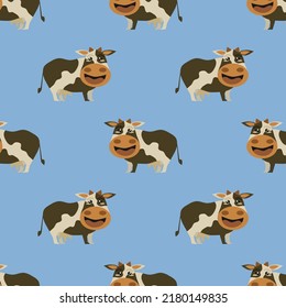 Seamless pattern of cartoon cows on blue background for textile, backdrop, or wallpaper