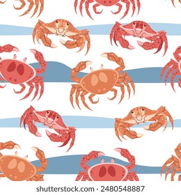 Seamless pattern with cartoon crab. Background with sea animal in flat style. Suitable for decoration, design, stickers