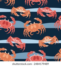 Seamless pattern with cartoon crab. Background with sea animal in flat style. Suitable for decoration, design, stickers