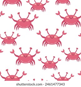 Seamless pattern of cartoon crab on a white background. Vector illustration for children's wallpaper, textiles, packaging.