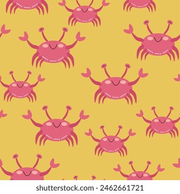 Seamless pattern of cartoon crab on a yellow sand background. Vector illustration for children's wallpaper, textiles, packaging.