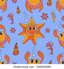 Seamless pattern with cartoon crab and starfish. Endless sea cartoon texture.