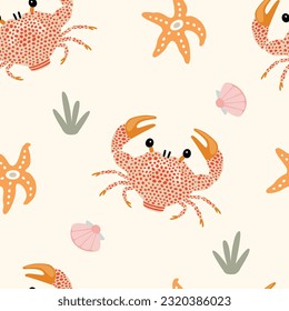 Seamless pattern with cartoon crabs and starfish on a light background, vector.