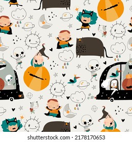 Seamless Pattern with Cartoon Crazy Monsters and Kids meeting Halloween