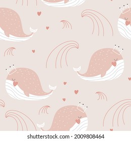 Seamless pattern with cartoon creative whales princess. Childish texture for fabric, textile,apparel. Vector background