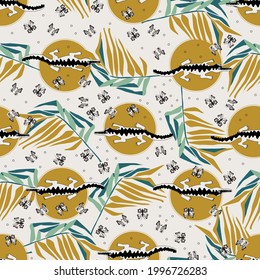 seamless pattern with cartoon crocodile, butterfly and leaves, vector deign for paper, fabric and other surface