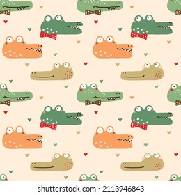 Seamless Pattern with Cartoon Crocodile Face and Heart Design on Beige Color Background