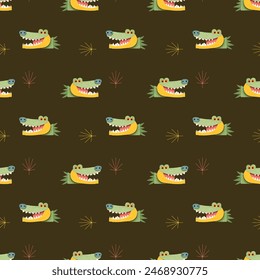 Seamless Pattern with Cartoon Crocodile Face Design