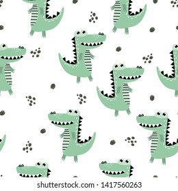 Seamless pattern with cartoon crocodile. Trendy Scandinavian vector background.