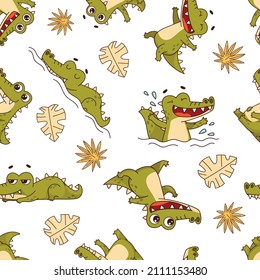 Seamless pattern with cartoon crocodiles among tropical leaves. Endless texture. Vector illustration. 