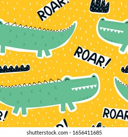 Seamless pattern with cartoon crocodiles, decor elements on a neutral background. colorful vector for kids, flat style. hand drawing. animals. Baby design for fabric, textile, print, wrapper.