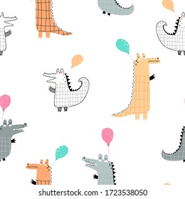 Seamless pattern with cartoon crocodiles, decor elements. colorful vector for kids.Animals. hand drawing, flat style. baby design for fabric, print, textile, wrapper