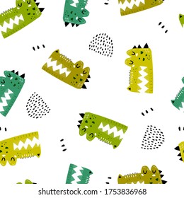 Seamless pattern with cartoon crocodiles, decor elements. colorful vector for kids.Animals. hand drawing, flat style. baby design for fabric, print, textile, wrapper