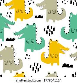 Seamless pattern with cartoon crocodiles, decor elements. colorful vector for kids. Animals. hand drawing, flat style. baby design for fabric, print, textile, wrapper