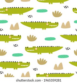 Seamless pattern with cartoon crocodiles, decor elements. colorful vector for kids. Animals. hand drawing, flat style. baby design for fabric, print, textile, wrapper