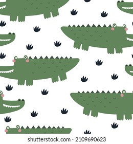 Seamless pattern with cartoon crocodiles, decor elements. colorful vector for kids. Animals. hand drawing, flat style. baby design for fabric, print, textile, wrapper