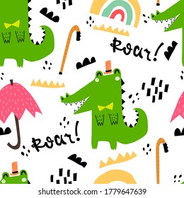 Seamless pattern with cartoon crocodiles, rainbows, decor elements. colorful vector for kids. Animals. hand drawing, flat style. baby design for fabric, print, textile, wrapper