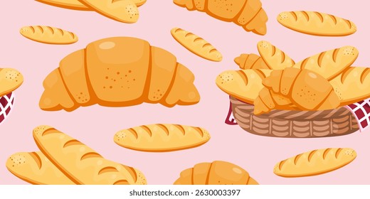 Seamless pattern of cartoon croissants, baguettes, and a bread basket on a pink background. Bakery food design. Vector illustration.
