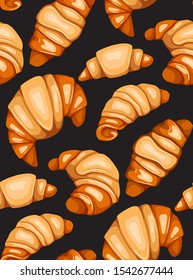 Seamless pattern with cartoon croissants and buns on gray background. French appetizer. Treats for the holidays. Bakery product. Vector texture for wallpaper, backdrop, cards and your creativity.