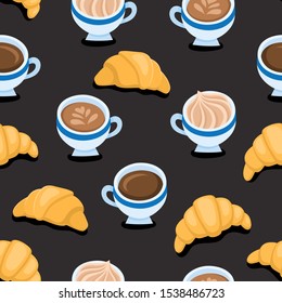 Seamless pattern with cartoon croissants and coffee on black. Color vector background of bakery goods for poster label, wrapping and menu bakery shop.