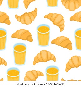 Seamless pattern with cartoon croissants and juice on white. Color vector background of bakery goods for poster label, wrapping and menu bakery shop.