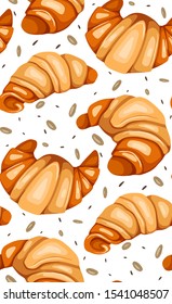 Seamless pattern with cartoon croissants, nuts and sesame. French appetizer. Treats for the holidays. Bakery product. Vector texture for wallpaper, backdrop, cards and your creativity.