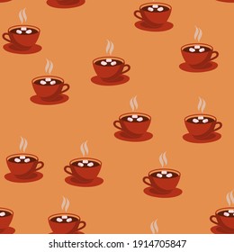 seamless pattern with cartoon cup of cocoa. Delicious hot drink with marshmallows. beige background. chocolate drink, red cup. 