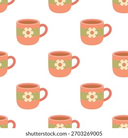 seamless pattern cartoon cup on white background, textile, print, cafe decor, flat design