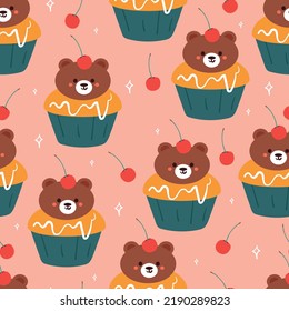 Seamless Pattern Cartoon Cupcake With Bear And Cherry. Cute Wallpaper For Gift Wrap Paper