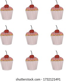 Seamless pattern with cartoon cupcakes, cake. Sweets 
with cherry. Happy birthday cupcake background. Vector stock illustration on a white background. 