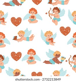 Nahtloses Muster mit Cartoon-Cupiden, Herzen und Valentinstag-Elementen