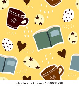 Seamless pattern with cartoon cups with coffee, books, stars, hearts, decor elements. Vector flat style illustration. hand drawing. Design for fabric, print, textile, wrapper.
