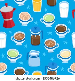 Seamless pattern of cartoon cups with drinks for breakfast isolated on blue. Color background with geyser coffee machine, french press, milk and coffee, tea, juice for poster label, menu bakery shop.
