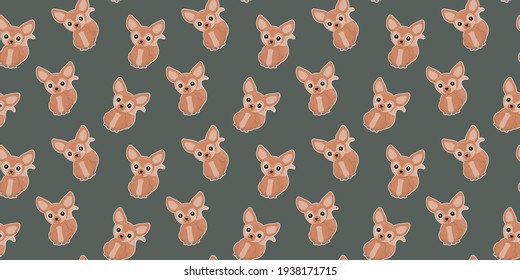 Patrón sin foco de caricatura: zorros de fennec africanos adorables con mejillas rubicundas sobre un fondo gris. El telón de fondo de los animales tropicales para imprimir en ropa infantil, textil, tela, envoltura. Vector.