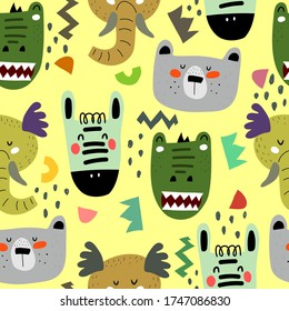 Seamless pattern with cartoon cute animals, decor elements on a neutral background. summer colorful vector for kids. hand drawing, flat style. Baby design for fabric, print, textile, wrapper