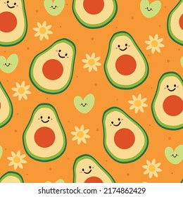 nahtlose Muster Cartoon süße Avocado-Charakter mit Blume auf gelbem Hintergrund. süße Tapete für Geschenkpapier