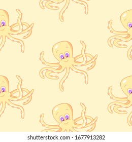 Patrón sin inconvenientes de caricatura de pulpo bebé lindo sobre fondo amarillo.Ilustración vectorial en estilo plano.